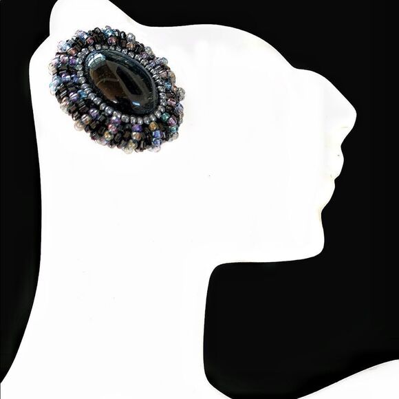 Vintage hand beaded glass bead and Laborite pierced earrings black blue pierced - Picture 7 of 7